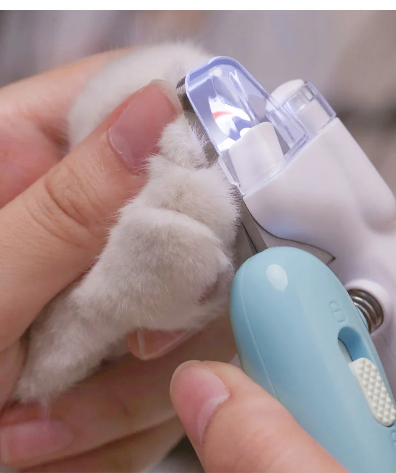 Trimming a cat's claw with the LED nail clipper