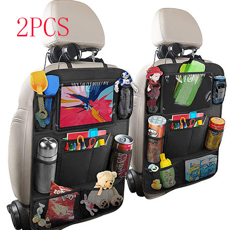 Pair of seat back organizers labeled 2PCS, shown holding a tablet, drinks and toys