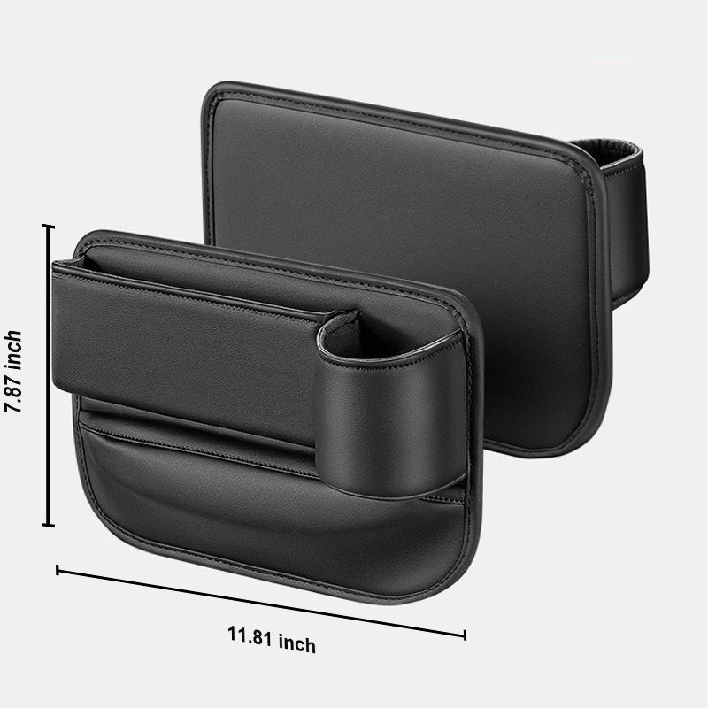Two black seat gap organizers with height and length markings in inches
