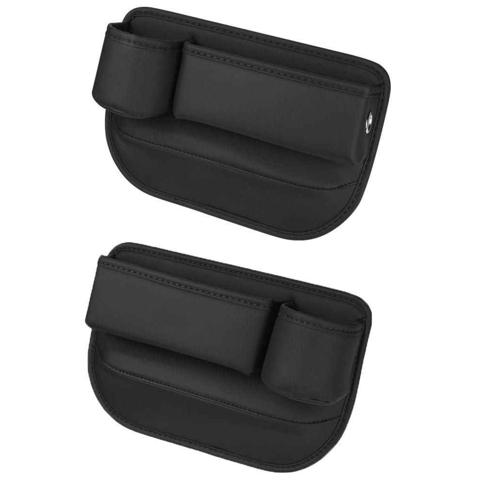 Two black leather-look car seat gap organizers with front pockets