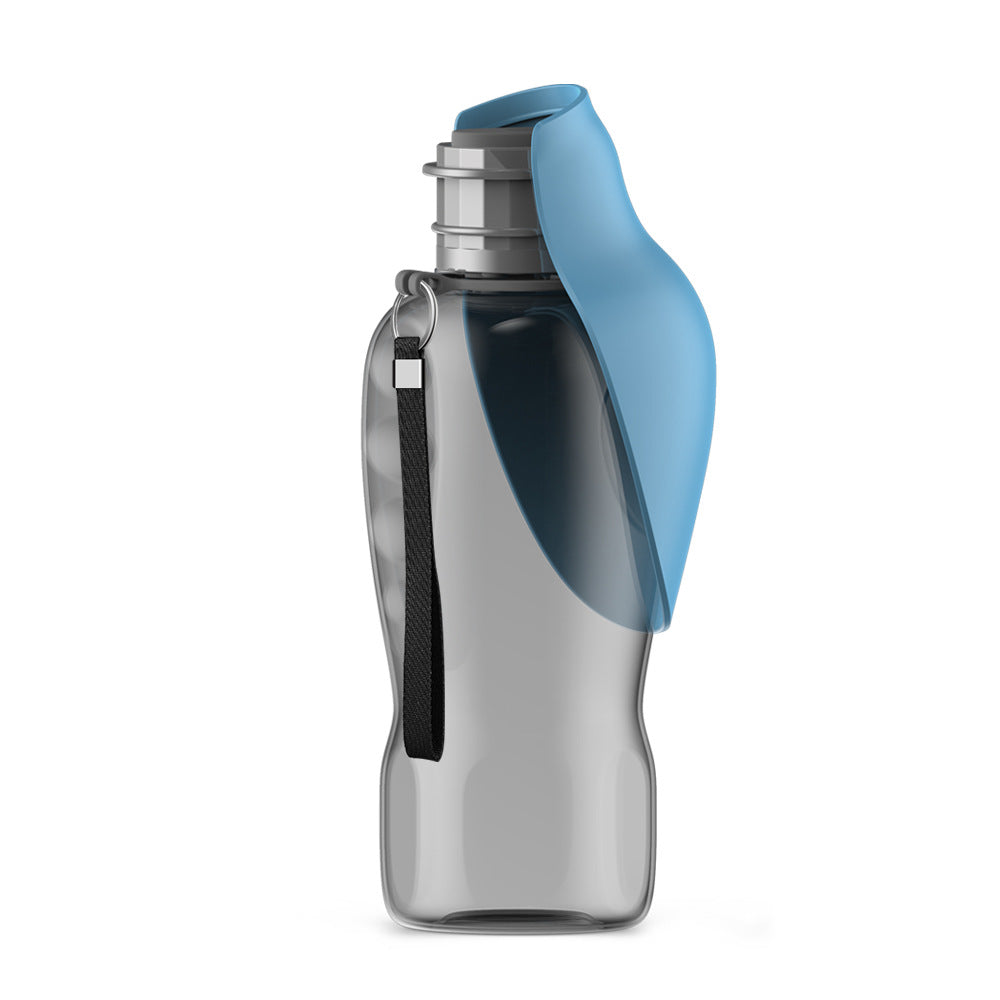Grey portable dog water bottle with blue fold-down drinking trough and wrist strap