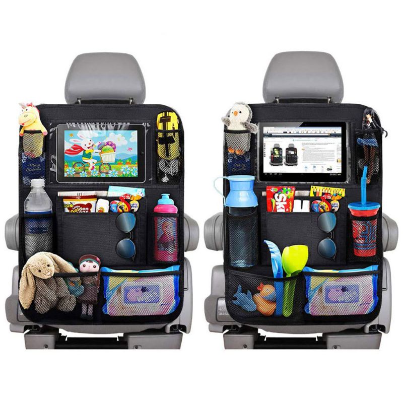 Two seat back organizers on grey car seats filled with tablets, drinks, snacks and toys