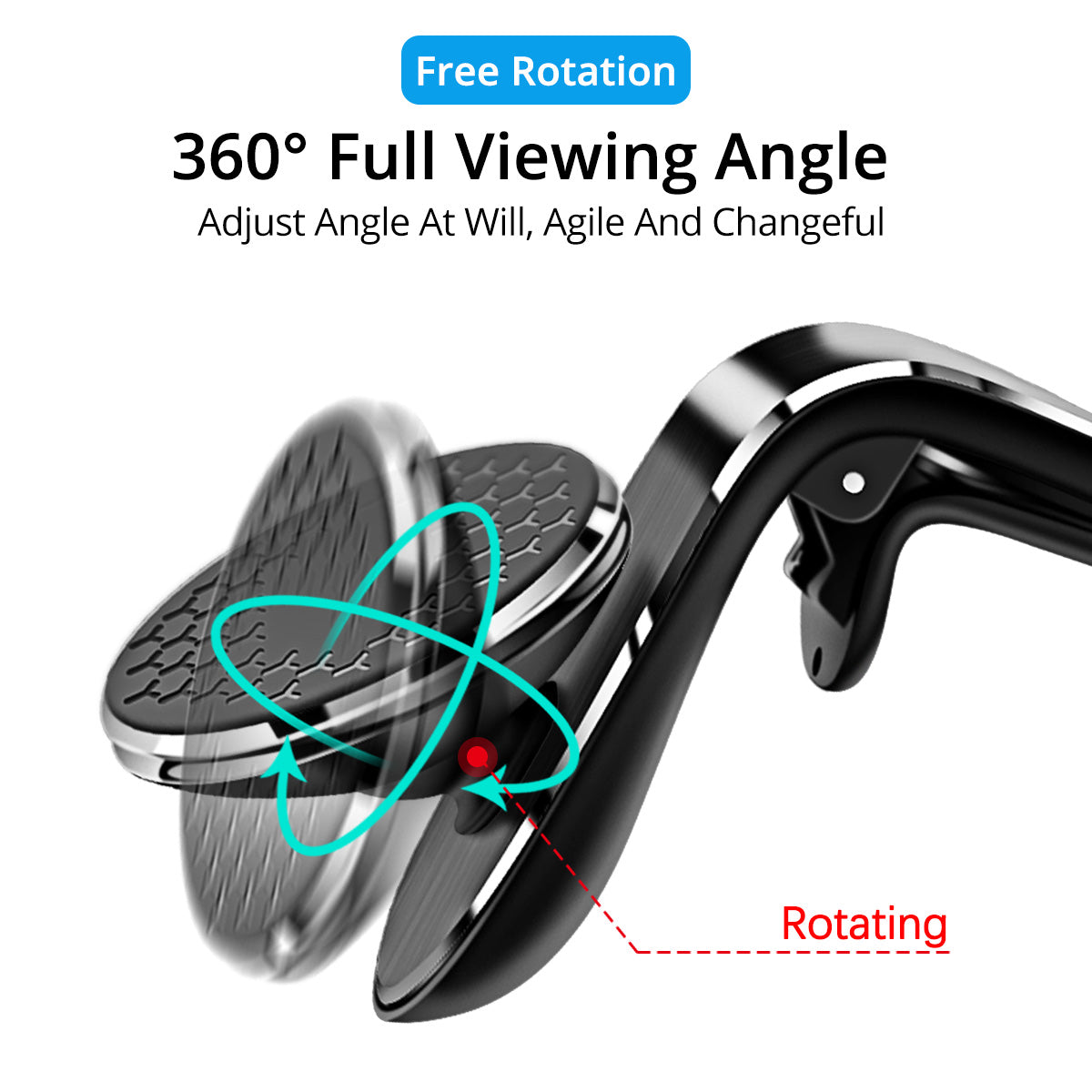 Diagram showing the phone mount's round head rotating 360 degrees