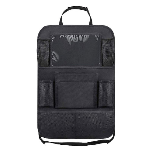 Black car seat back organizer with clear tablet pocket and mesh side pockets
