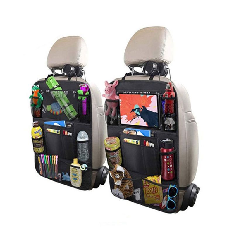 Two seat back organizers on beige car seats holding a tablet, bottles and toys