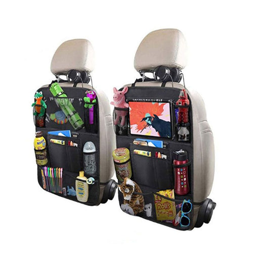Two seat back organizers on beige car seats holding a tablet, bottles and toys