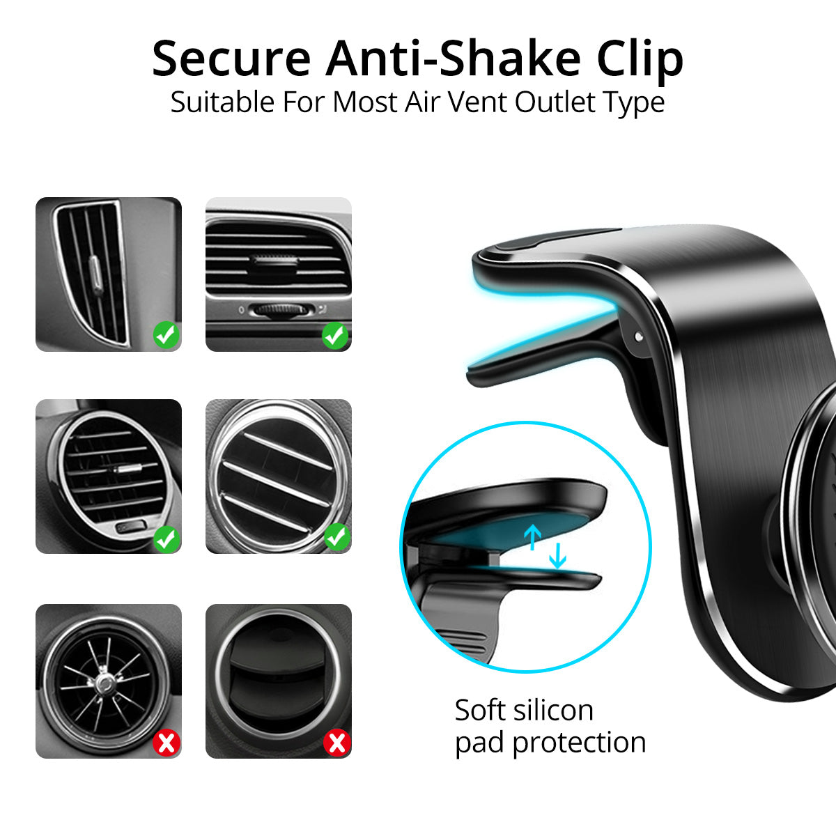 Vent clip with silicone pad and examples of air vent types it fits and does not fit