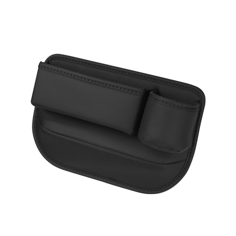 Single black seat gap organizer with a front pocket and side cup holder