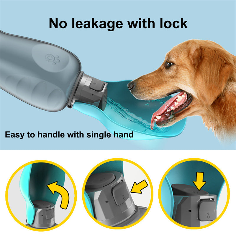 Dog drinking from the bottle's trough, with three steps showing how to open, unlock and press the button