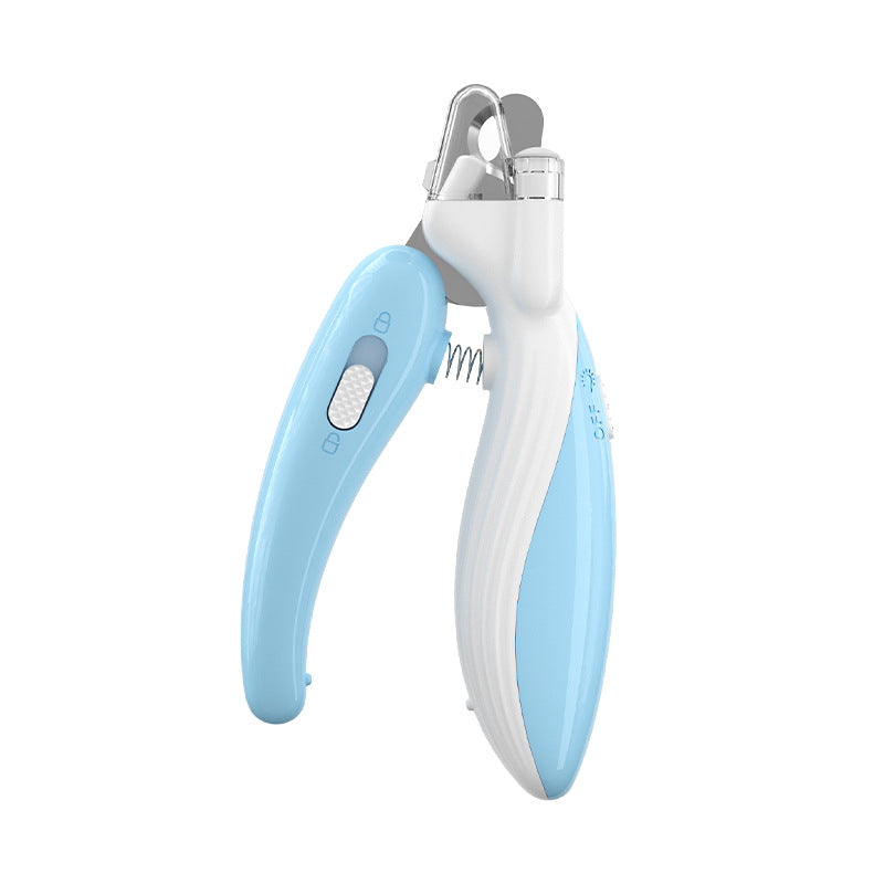 Light blue LED pet nail clipper on a white background