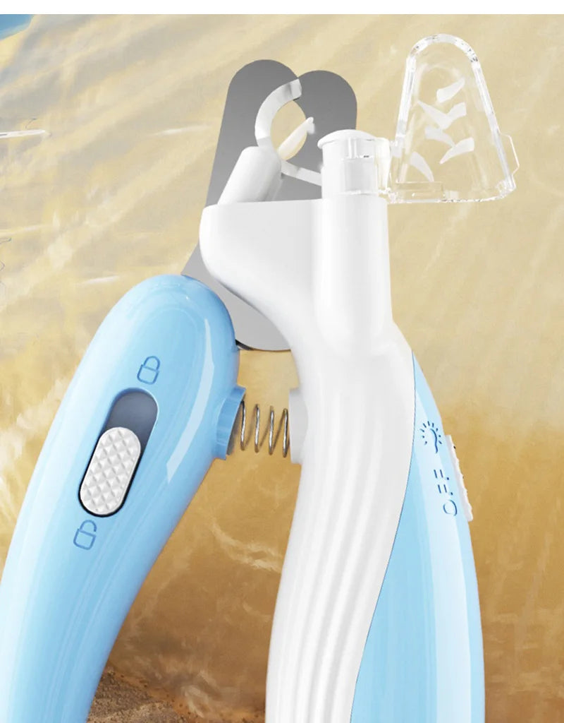 Close-up of the nail clipper head with its clear cover and side switch