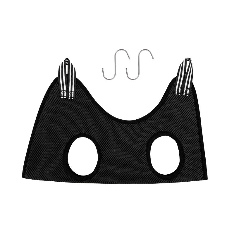 Black pet grooming hammock with two leg openings and two metal S-hooks