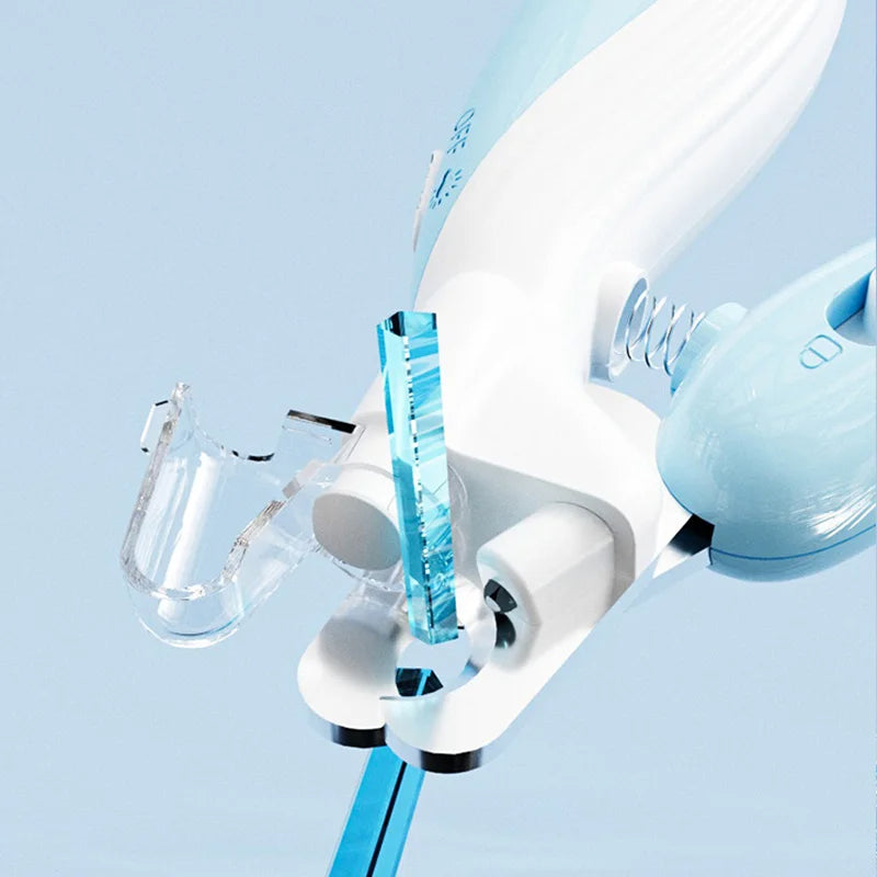 Nail clipper head with the clear cover removed and a blue light beam